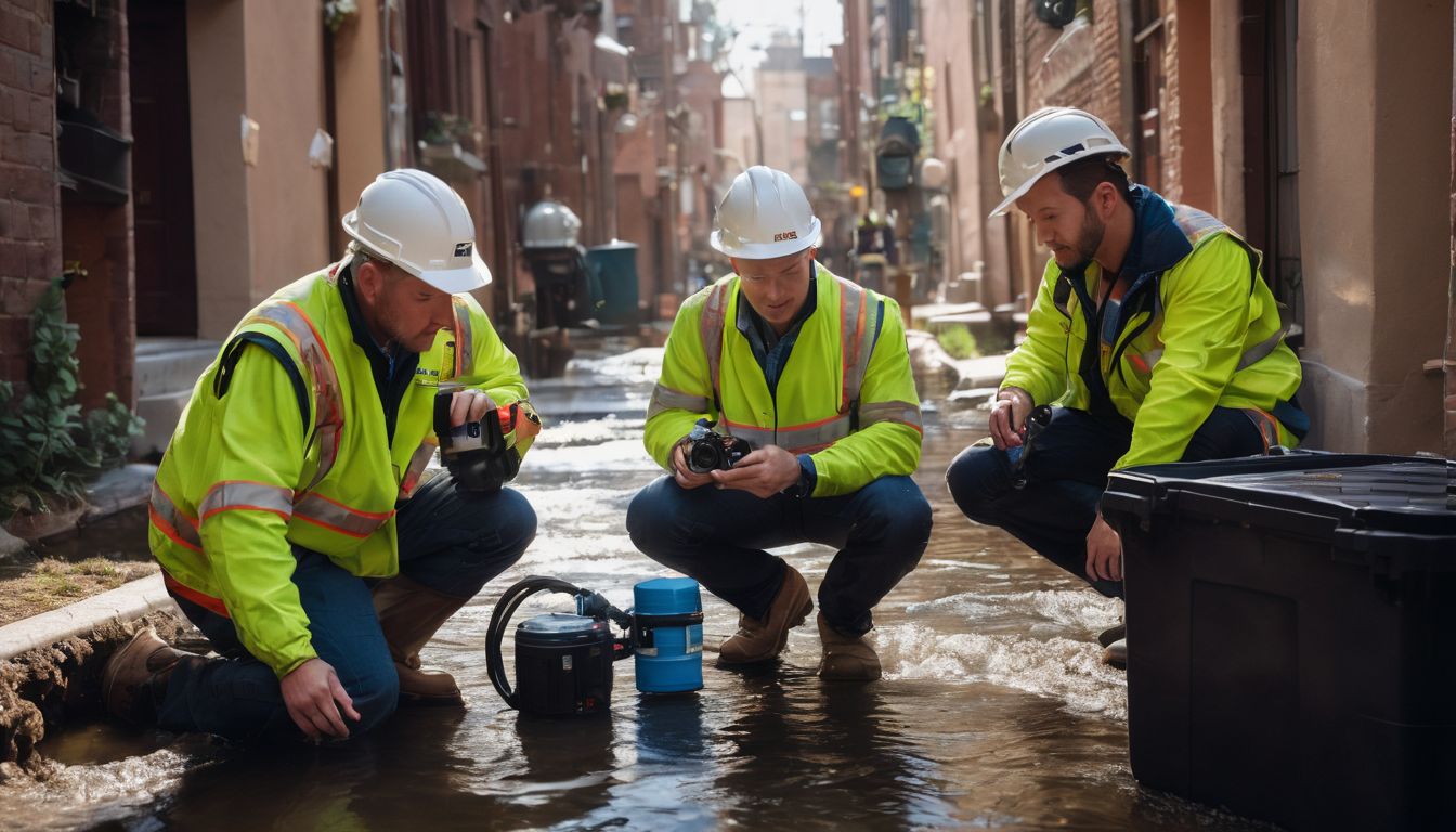 A team of drain technicians conducting advanced camera inspections in a residential area.