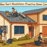 Artistic illustration of a Sydney suburban home, depicting tradies performing maintenance tasks focusing on plumbing, electrical work, and roofing