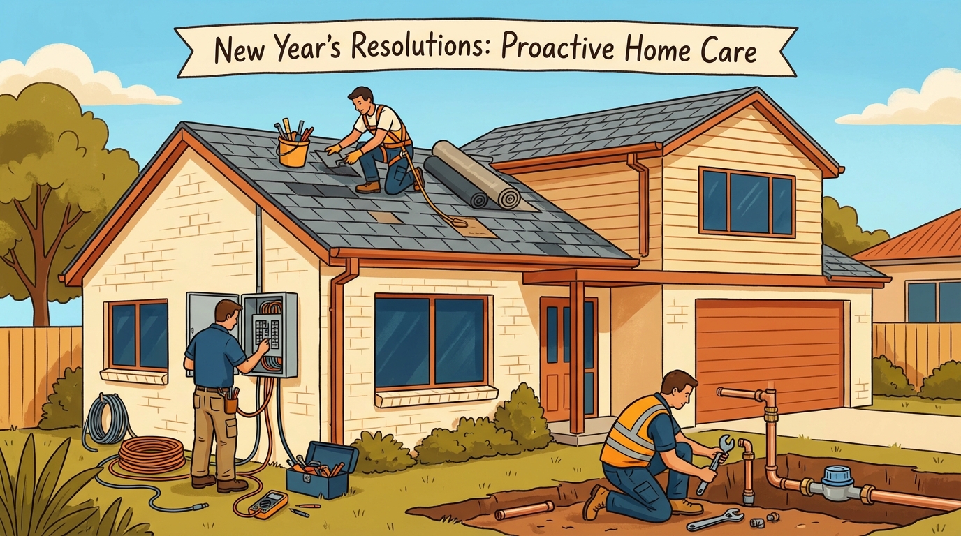 Artistic illustration of a Sydney suburban home, depicting tradies performing maintenance tasks focusing on plumbing, electrical work, and roofing