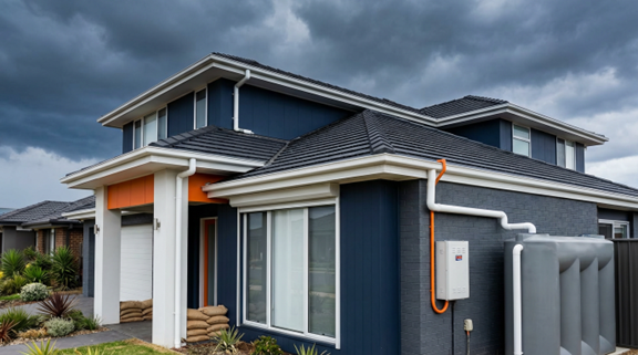 Professional Australian home with storm clouds approaching, showcasing roof, gutters, and drainage.