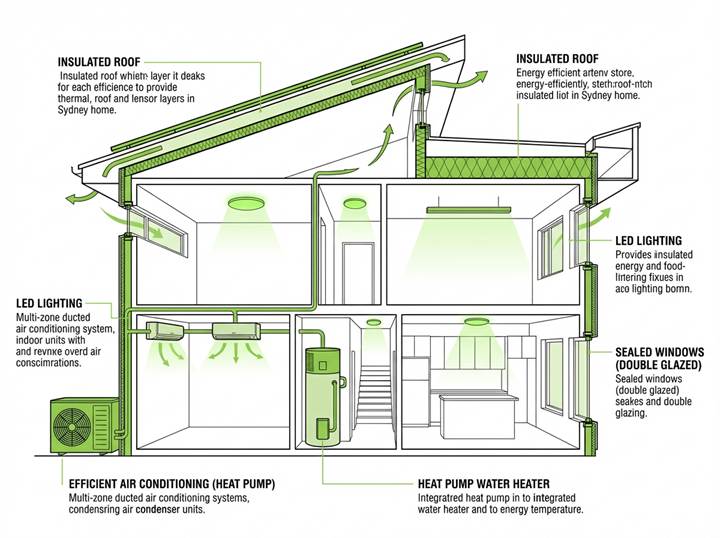Australian home cross-section showing insulated roof, LED lighting, efficient air conditioning and water heater systems to reduce energy bills