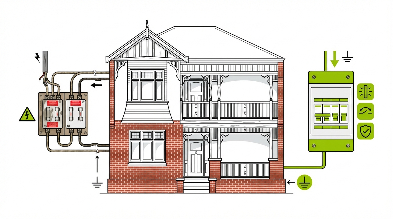 Electrical safety hazards in older Sydney homes showing outdated wiring ceramic fuse box and modern safety switch upgrades