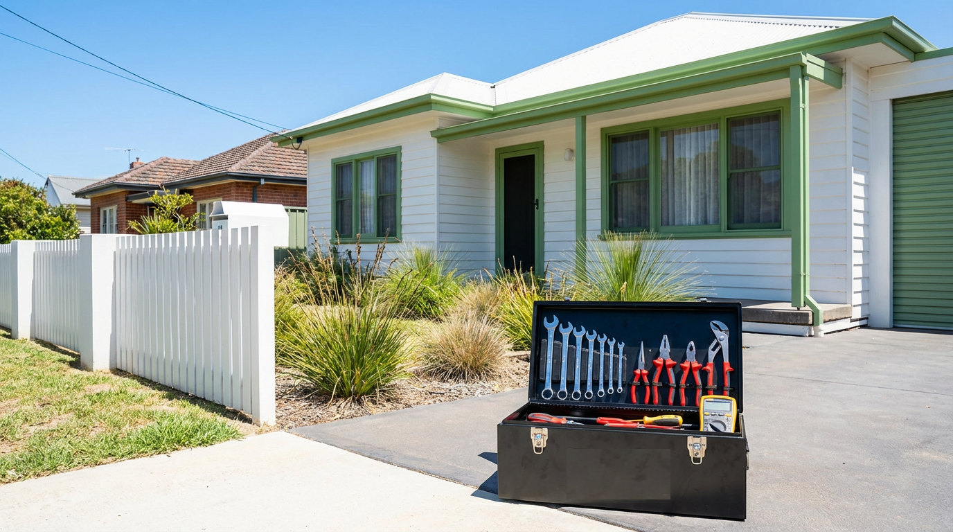Australian home with professional toolbox showing plumbing electrical tools for common home maintenance problems after summer holiday