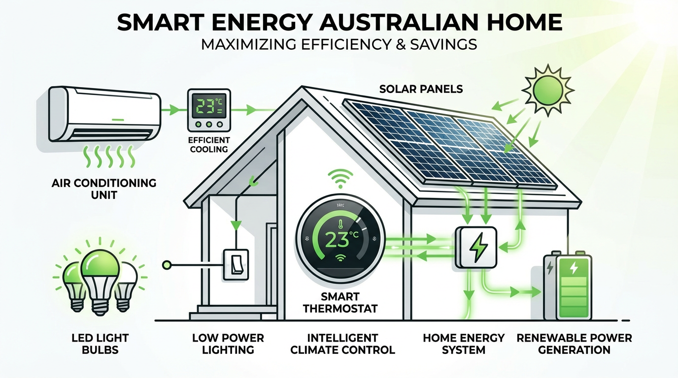 Reduce energy bills Sydney - energy efficient home systems including air conditioning, LED lighting, smart thermostat and solar panels