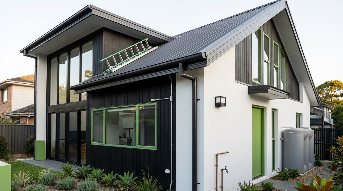 Modern Sydney home exterior showing roof, gutters and plumbing systems for winter home preparation- professional home maintenance concept