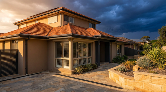 Sydney residential home with dramatic storm clouds approaching - La Niña storm preparation guide 2026