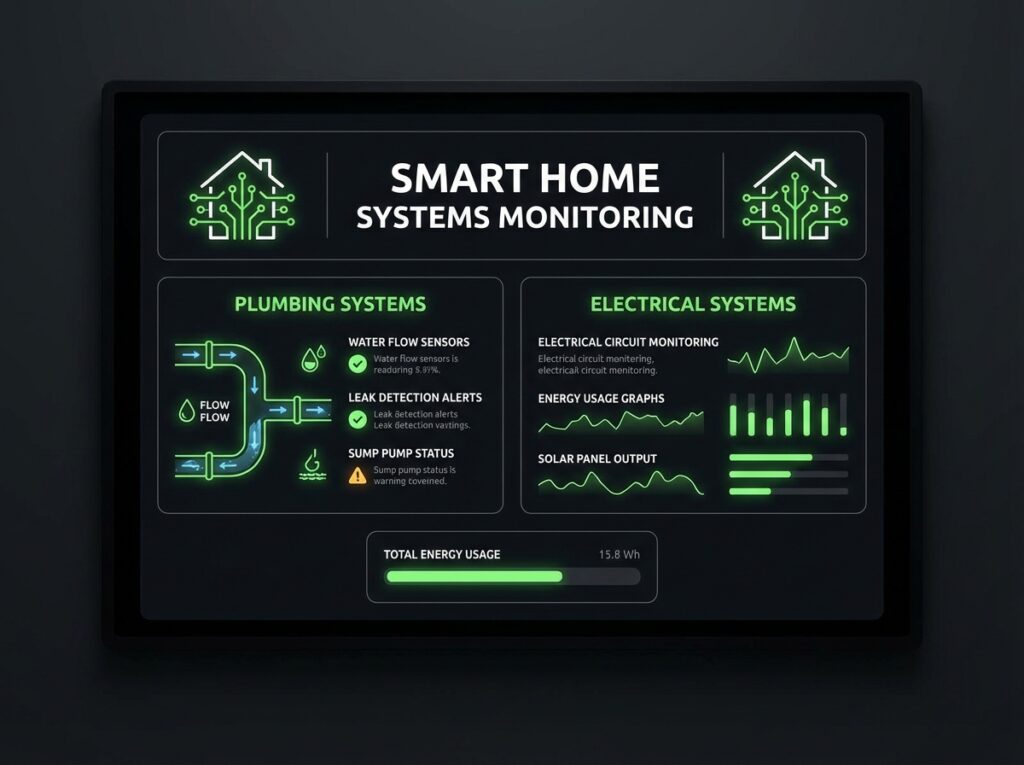 Smart home integration monitoring dashboard displaying plumbing and electrical system controls for Australian homeowners