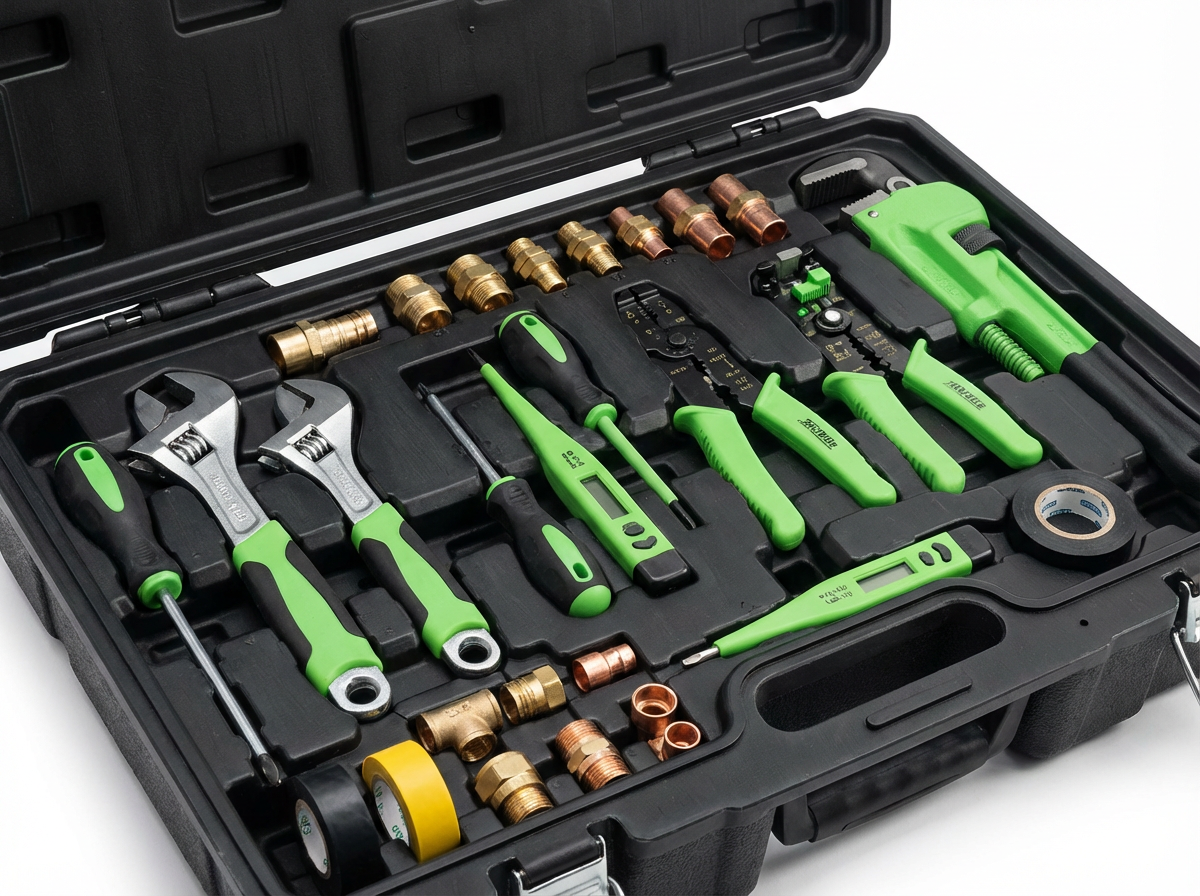Professional toolbox with tool handles plumbing electrical equipment for common home maintenance problems after  summer holiday repairs