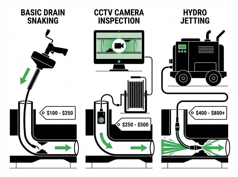 Blocked drain cost comparison chart showing the average blocked drain cost for basic drain snaking, CCTV camera inspection, and hydro jetting services for residential properties.