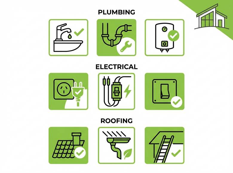 End-of-summer home maintenance checklist infographic showing plumbing fixtures, electrical outlets, and roofing components for Sydney property maintenance