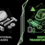 Digital technology transformation in Australian tradie industry showing modern tools with digital overlays and circuit patterns