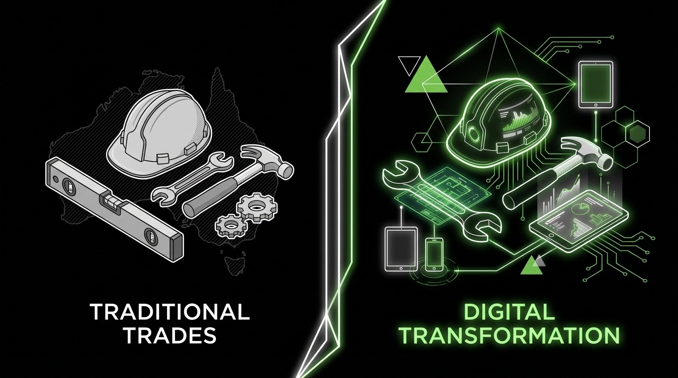Digital technology transformation in Australian tradie industry showing modern tools with digital overlays and circuit patterns