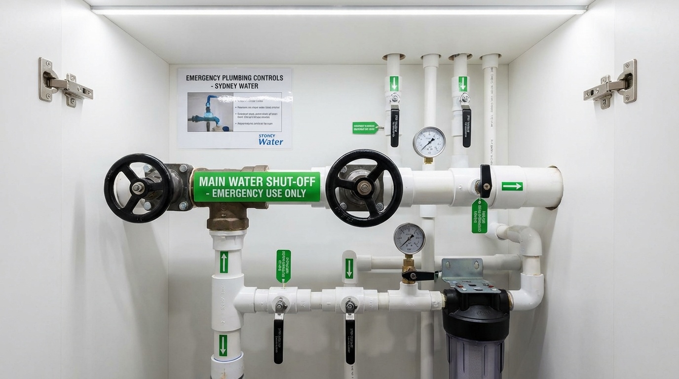 Emergency plumbing shut-off valve system Sydney home, organized accessible emergency controls
