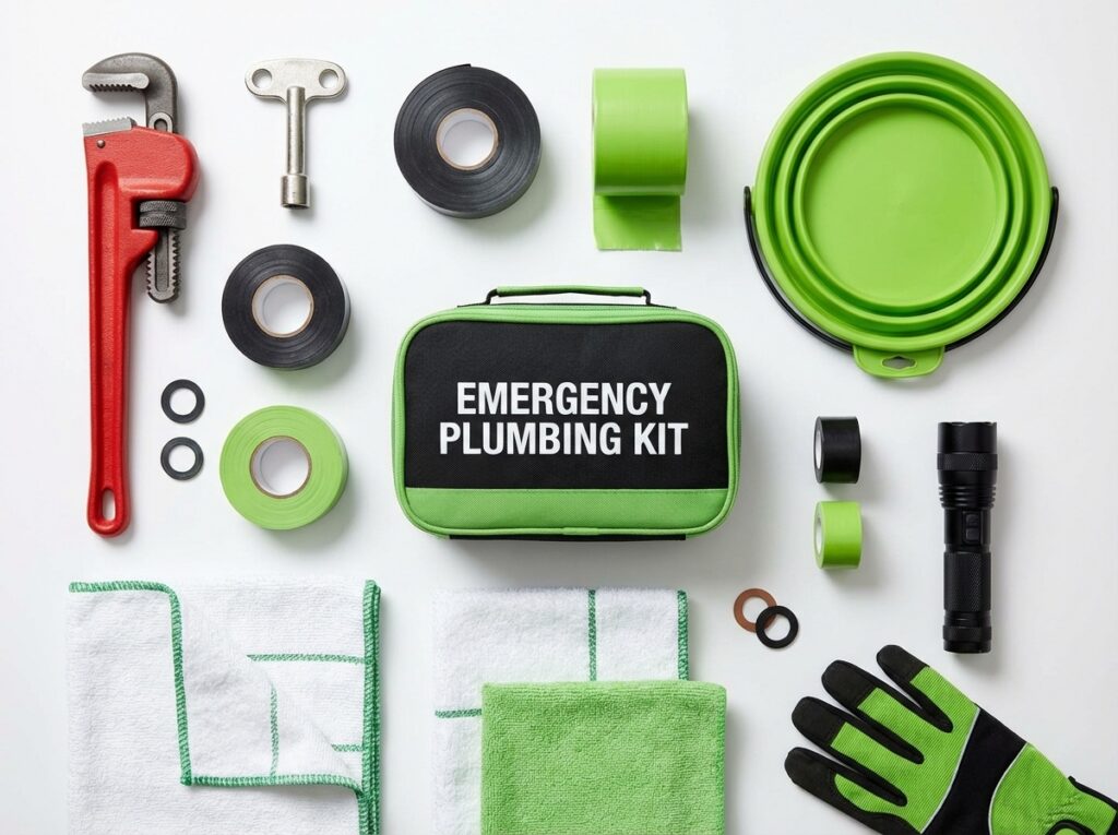 Emergency plumbing toolkit supplies, pipe wrench shut-off key tape bucket towels, professional emergency preparedness