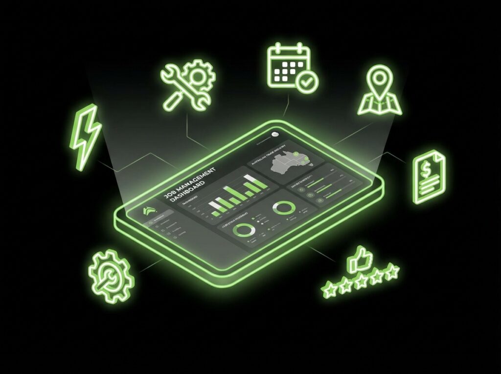 Digital technology transforming tradie industry including job management dashboard with electrical plumbing icons 
