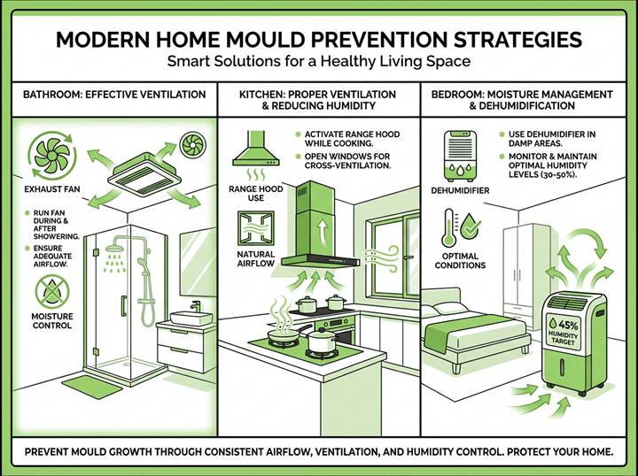 Infographic showing room-by-room mould prevention strategies for Sydney homes including bathroom exhaust fans, kitchen ventilation, and bedroom dehumidifiers