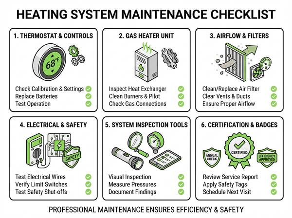 Sydney heating system maintenance checklist infographic with thermostat gas heater inspection tools 