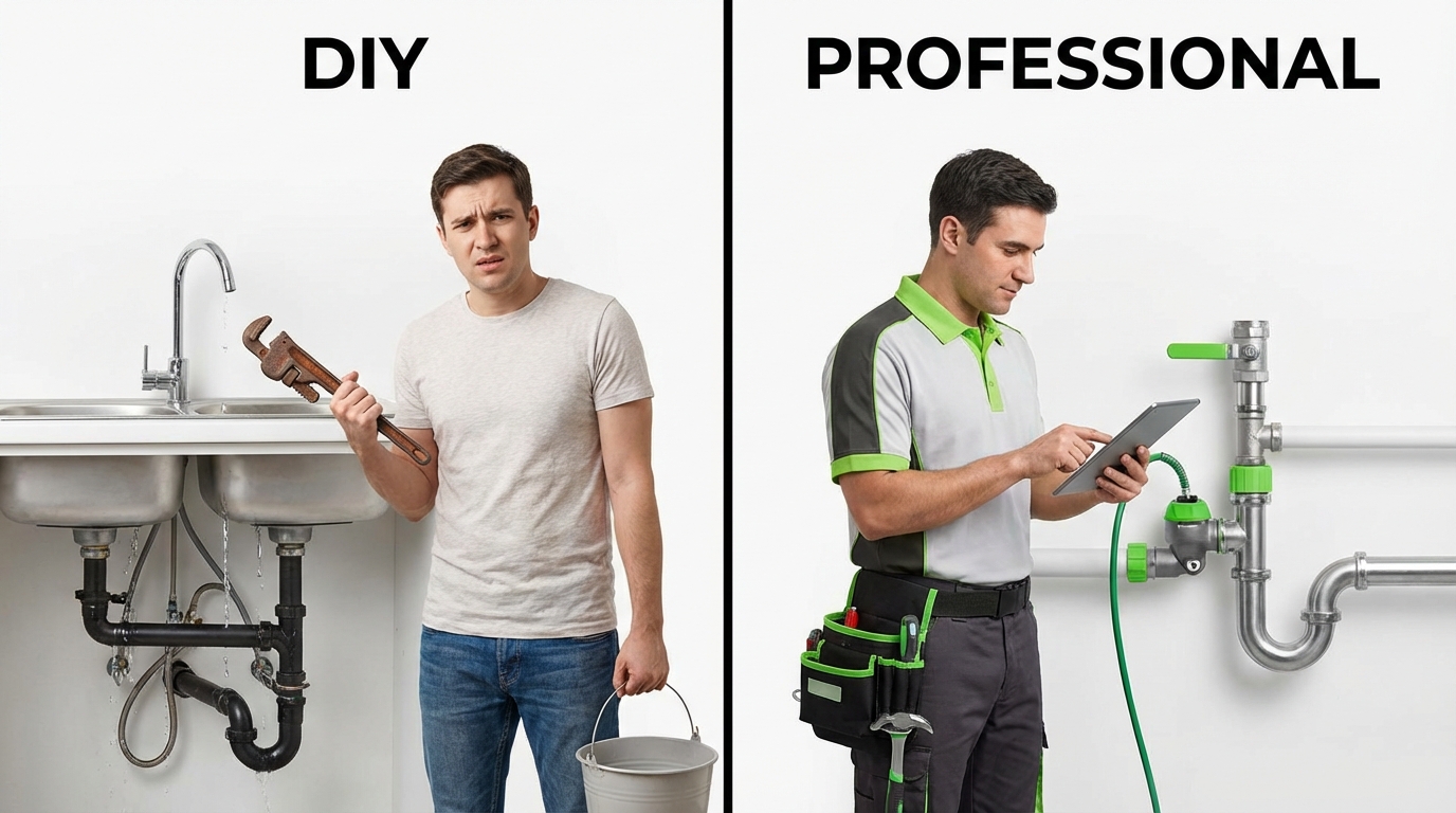 DIY homeowner versus professional licensed tradie comparison showing decision factors for Sydney plumbing electrical roofing repairs when to call tradie