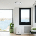 Modern Sydney home interior showing mould prevention strategies including clean windows, exhaust fan, and dehumidifier with apple green accents - mould prevention Sydney homes