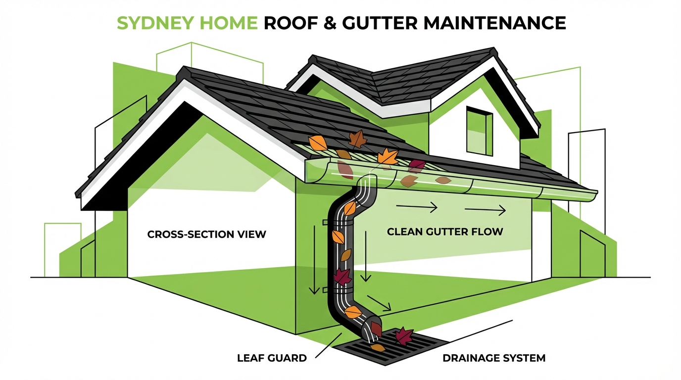 Professional roof and gutter maintenance Sydney autumn 2026 preparation checklist illustration showing clean gutters and proper drainage system