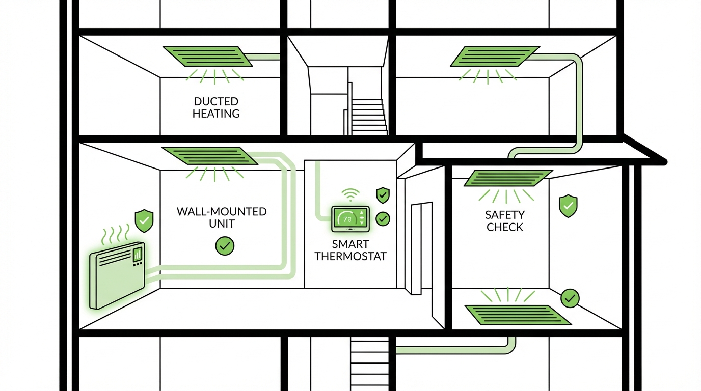 Heating system safety Sydney home cross-section showing ducted heating vents wall heater and thermostat