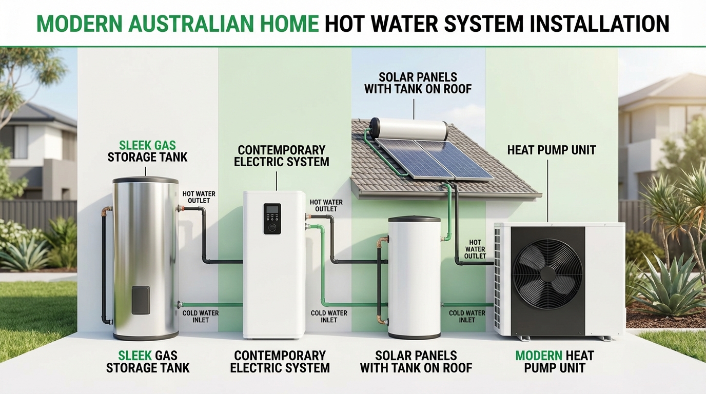 Hot water system replacement Sydney comparison showing gas electric solar heat pump options for homes 2026