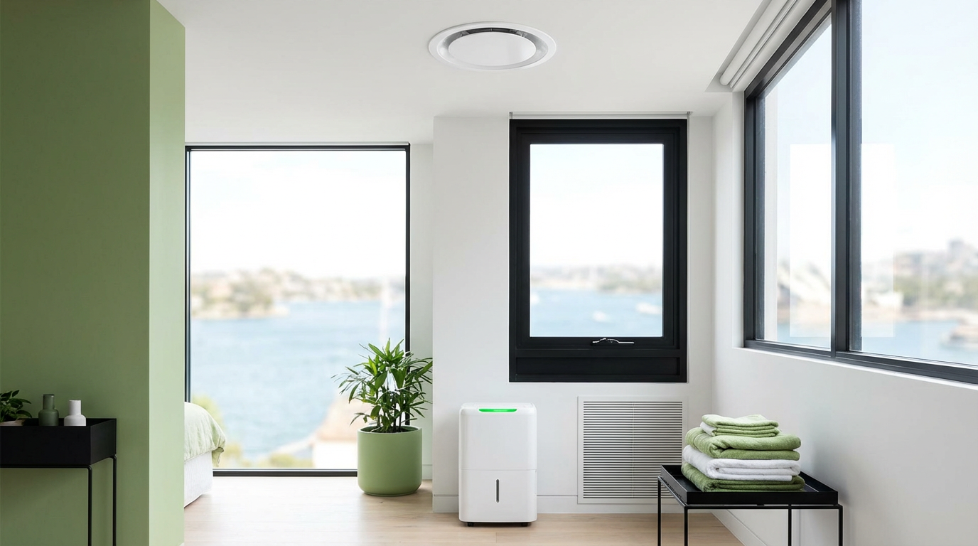 Modern Sydney home interior showing mould prevention strategies including clean windows, exhaust fan, and dehumidifier with apple green accents - mould prevention Sydney homes