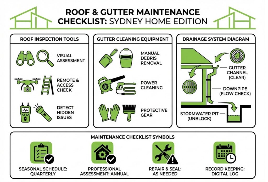 Sydney home roof and gutter maintenance checklist infographic autumn 2026 showing inspection tools and cleaning equipment for DIY homeowners