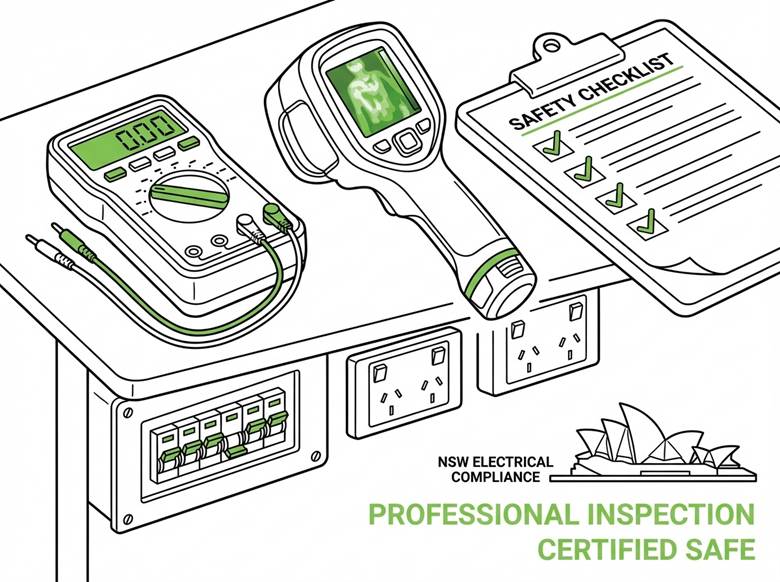 Electrical safety inspection tools including multimeter and thermal imaging camera for electrical safety checks in Sydney NSW homes