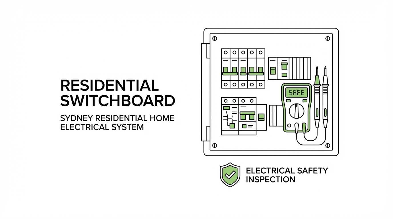 Professional electrical safety inspection illustration showing modern switchboard with circuit breakers and safety switches for Sydney homes