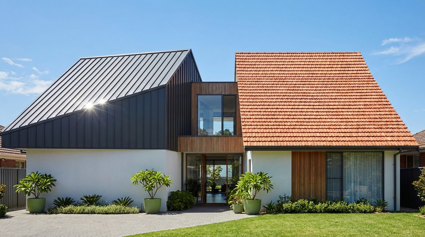 Colorbond vs tile roof Sydney comparison showing modern metal roofing and traditional terracotta tiles on Sydney home