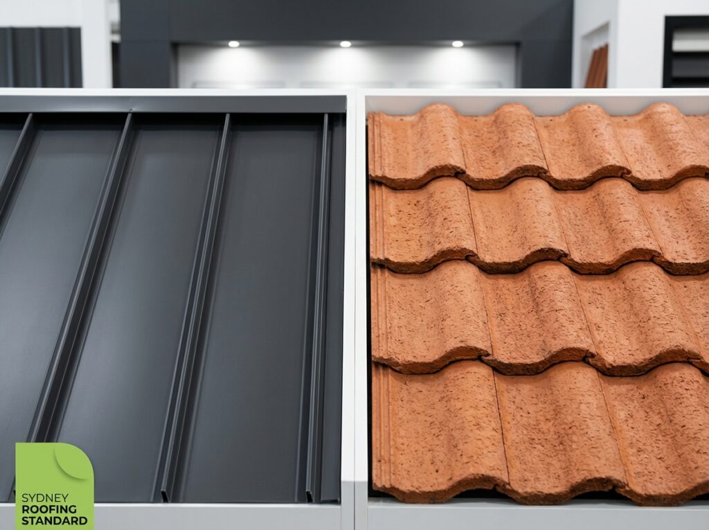 Close-up comparison of Colorbond steel metal roofing and terracotta tile roofing materials for Sydney homes