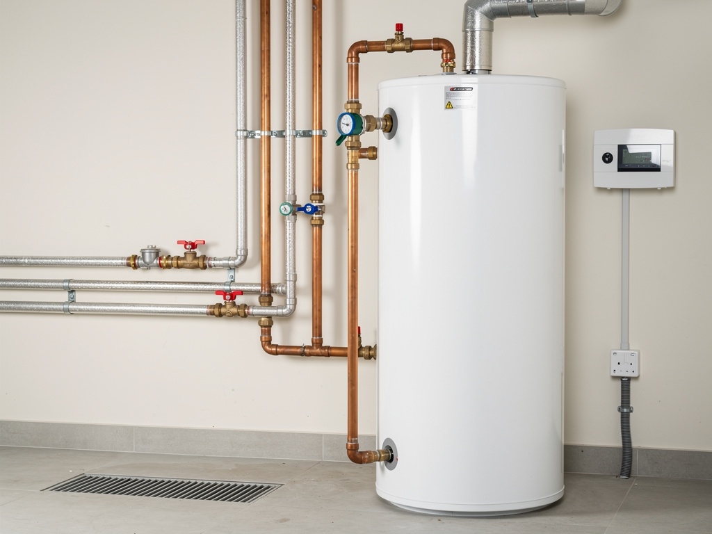 Electric hot water cylinder in utility room — no people