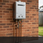 Gas hot water unit on exterior brick wall — no people
