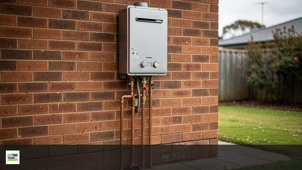 Gas hot water unit on exterior brick wall — no people