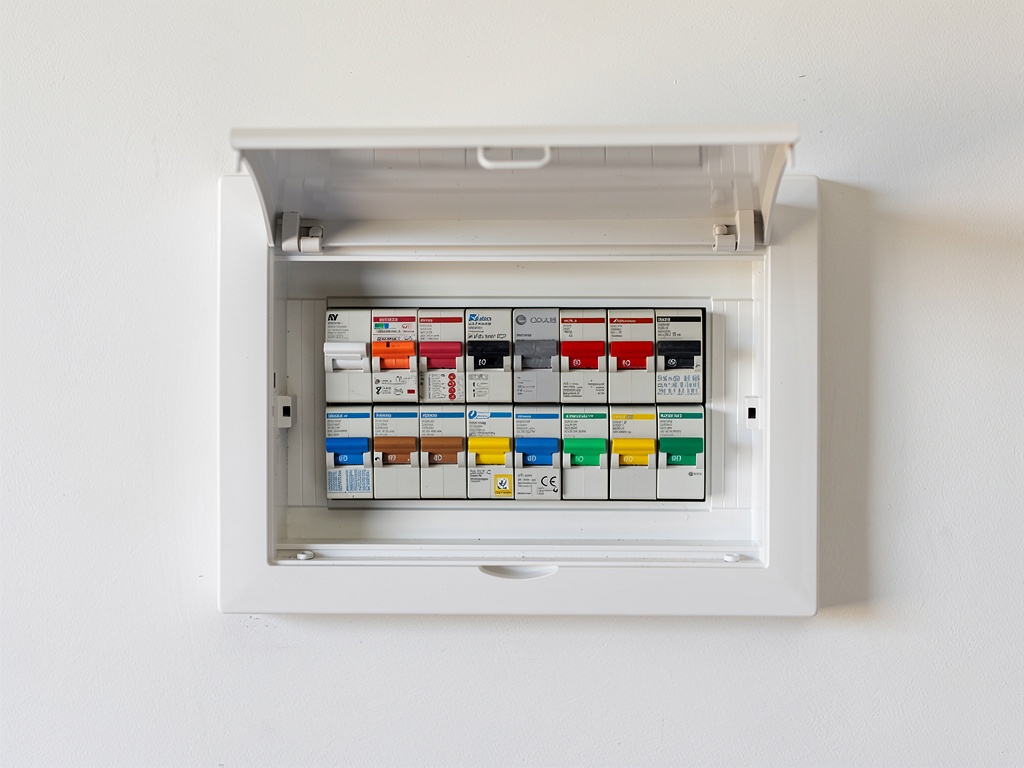 Close-up of circuit breaker panel with safety switches in Australian home