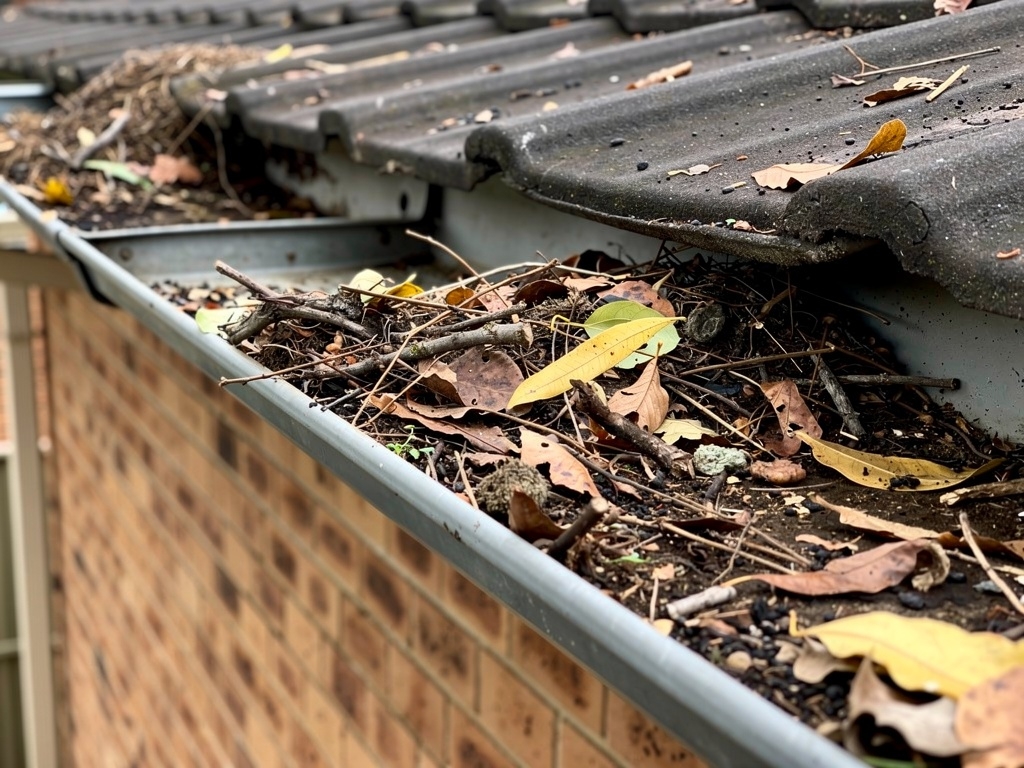 Leaves and debris blocking roof gutter on Australian brick veneer home
