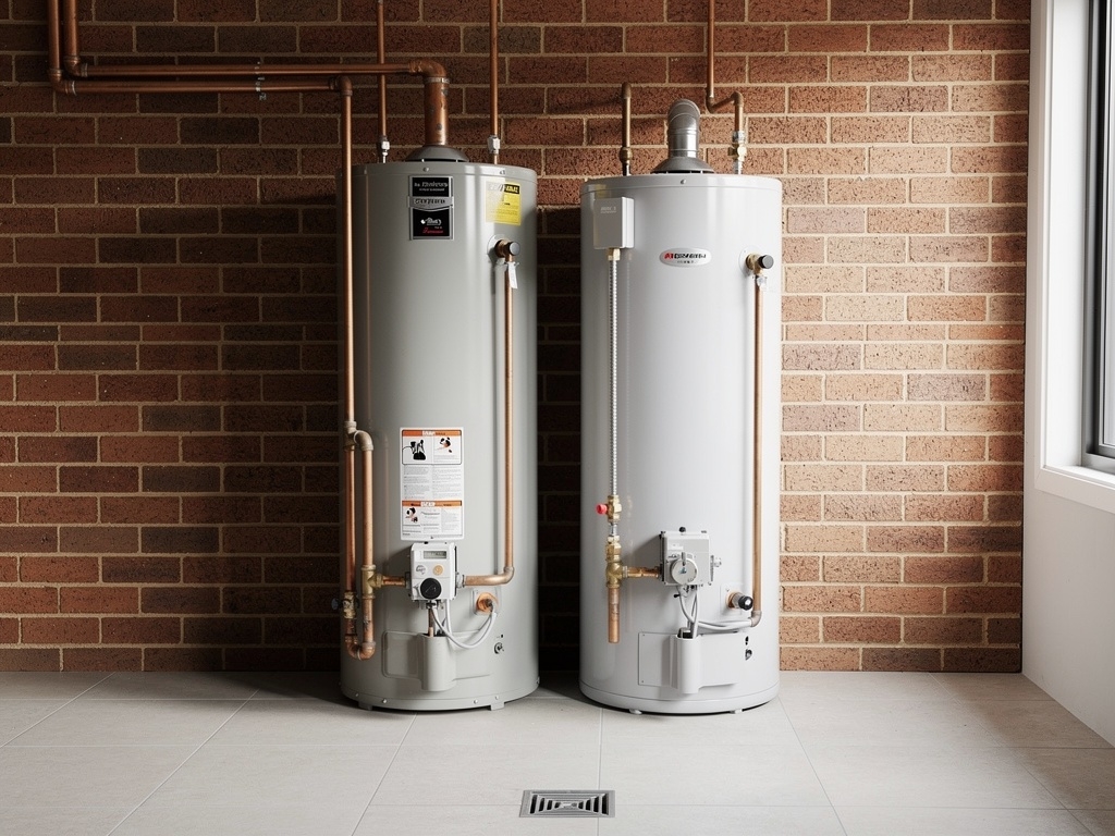 Gas hot water cylinder and electric storage hot water system in Australian laundry room