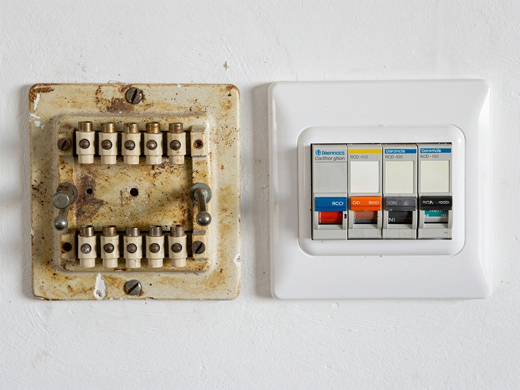 Old ceramic fuse switchboard compared to a modern safety switch panel in an Australian home